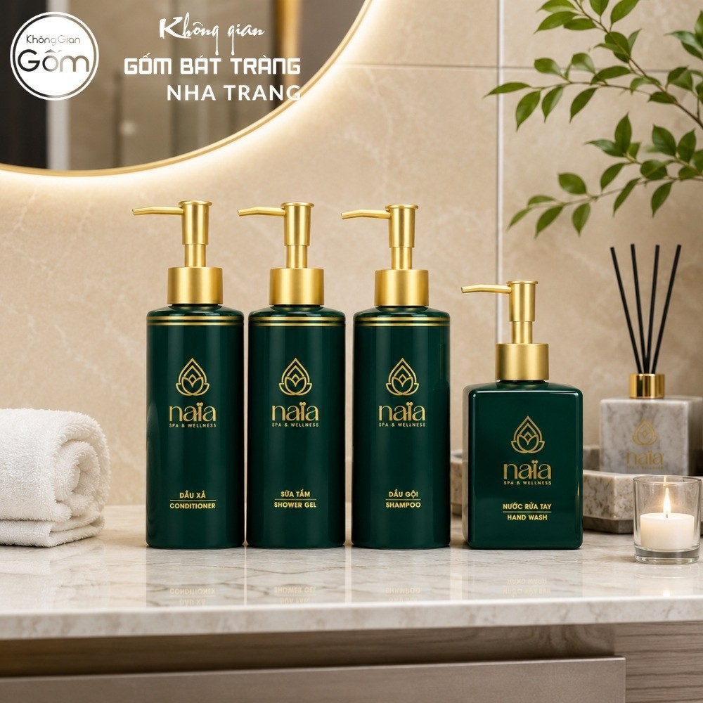 Bộ 4 bình gốm sứ in logo đựng dầu gội, dầu xả, sữa tắm, nước rửa tay màu xanh lục NT-PKNT08 - Chi tiết 2