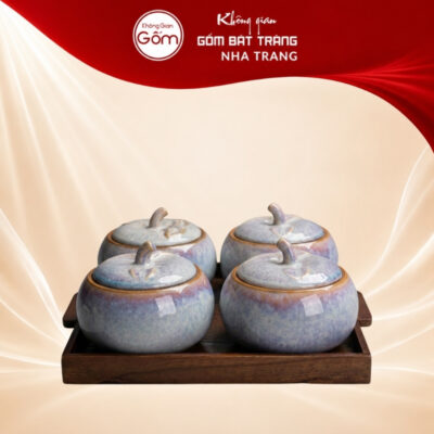 Bộ 4 hũ mứt Tết gốm sứ dáng bí men hỏa biến xanh tím NT-KM04