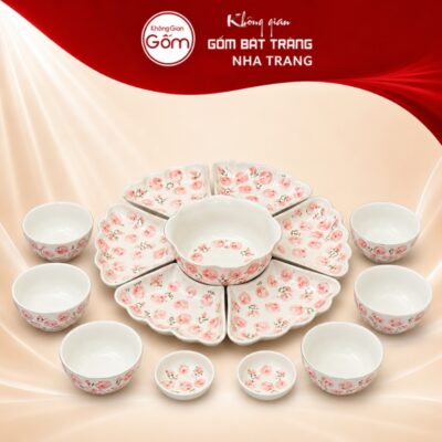 Bộ bát đĩa hoa mặt trời Bát Tràng họa tiết hoa hồng vẽ tay NT-HMT07