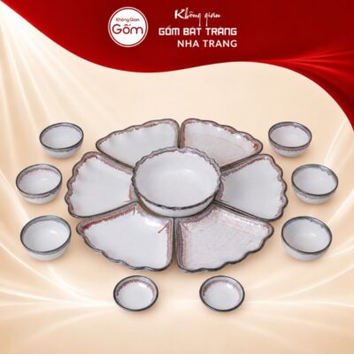 Bộ bát đĩa hoa mặt trời Bát Tràng men hỏa biến ngọc trai NT-HMT08