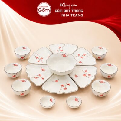 Bộ bàn ăn hoa mặt trời Bát Tràng vẽ hoa đào hồng men trắng NT-HMT05
