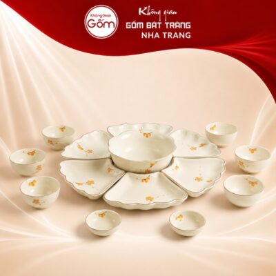 Bộ bàn ăn hoa mặt trời Bát Tràng vẽ hoa đào vàng men trắng NT-HMT06