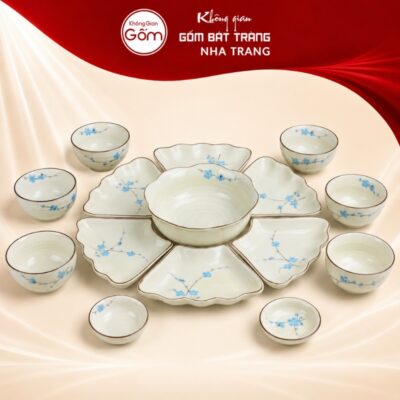 Bộ bát đĩa hoa mặt trời Bát Tràng vẽ hoa đào xanh viền chỉ vàng NT-HMT04