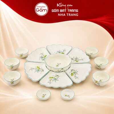 Bộ bát đĩa hoa mặt trời men trắng họa tiết hoa sen vẽ tay NT-HMT02