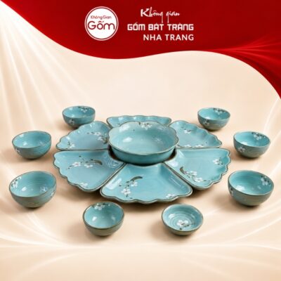 Bộ bát đĩa hoa mặt trời men xanh ngọc vẽ hoa đào trắng NT-HMT01