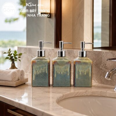 Bộ dụng cụ nhà tắm gốm sứ Bát Tràng 3 sản phẩm men hoả biến màu xanh lơ nhạt NT-BNT08 - Chi tiết 2