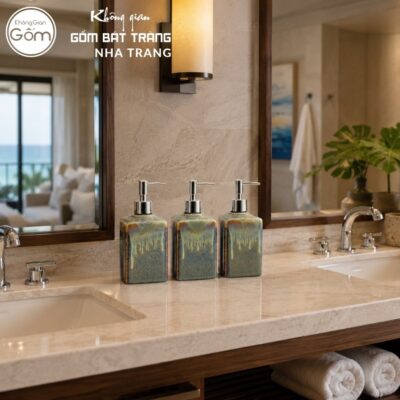 Bộ dụng cụ nhà tắm gốm sứ Bát Tràng 3 sản phẩm men hoả biến màu xanh lơ nhạt NT-BNT08 - Chi tiết 4
