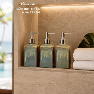 Bộ dụng cụ nhà tắm gốm sứ Bát Tràng 3 sản phẩm men hoả biến màu xanh lơ nhạt NT-BNT08 - Chi tiết 5