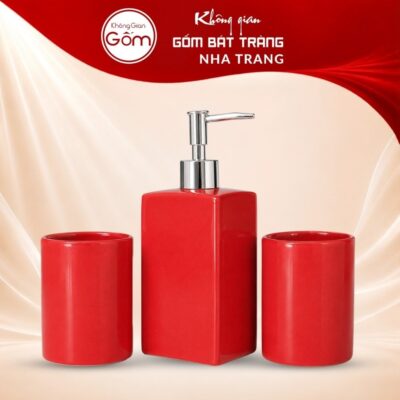 Bộ dụng cụ nhà tắm gốm sứ Bát Tràng 3 sản phẩm men màu đỏ NT-BNT06 - Ảnh đại diện