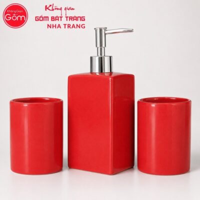 Bộ dụng cụ nhà tắm gốm sứ Bát Tràng 3 sản phẩm men màu đỏ NT-BNT06 - Chi tiết 1
