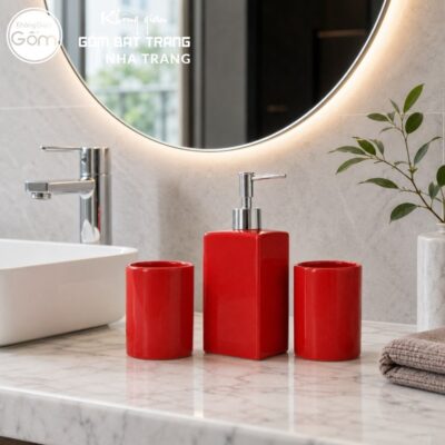 Bộ dụng cụ nhà tắm gốm sứ Bát Tràng 3 sản phẩm men màu đỏ NT-BNT06 - Chi tiết 2