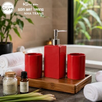 Bộ dụng cụ nhà tắm gốm sứ Bát Tràng 3 sản phẩm men màu đỏ NT-BNT06 - Chi tiết 3