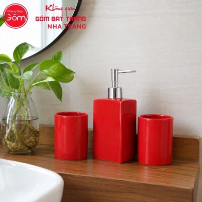 Bộ dụng cụ nhà tắm gốm sứ Bát Tràng 3 sản phẩm men màu đỏ NT-BNT06 - Chi tiết 4