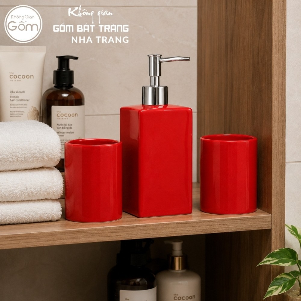 Bộ dụng cụ nhà tắm gốm sứ Bát Tràng 3 sản phẩm men màu đỏ NT-BNT06 - Chi tiết 5
