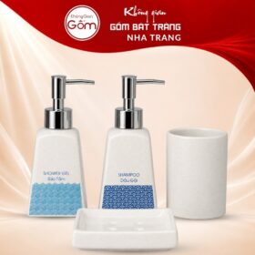 Bộ dụng cụ nhà tắm gốm sứ Bát Tràng 4 sản phẩm màu kem men cát lấm tấm hoạ tiết sóng biến NT-BNT07 - Ảnh đại diện