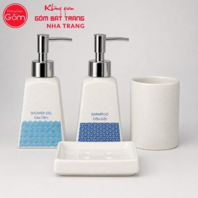 Bộ dụng cụ nhà tắm gốm sứ Bát Tràng 4 sản phẩm màu kem men cát lấm tấm NT-BNT07 - Chi tiết 1