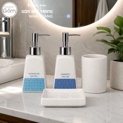 Bộ dụng cụ nhà tắm gốm sứ Bát Tràng 4 sản phẩm màu kem men cát lấm tấm NT-BNT07 - Chi tiết 2