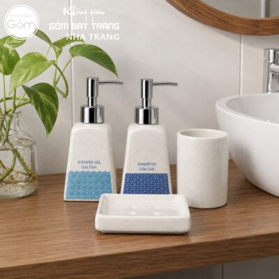 Bộ dụng cụ nhà tắm gốm sứ Bát Tràng 4 sản phẩm màu kem men cát lấm tấm NT-BNT07 - Chi tiết 3