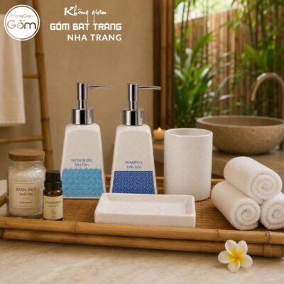 Bộ dụng cụ nhà tắm gốm sứ Bát Tràng 4 sản phẩm màu kem men cát lấm tấm NT-BNT07 - Chi tiết 4