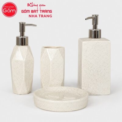 Bộ dụng cụ nhà tắm gốm sứ Bát Tràng 4 sản phẩm màu kem men cát lấm tấm NT-BNT01 - Chi tiết 1