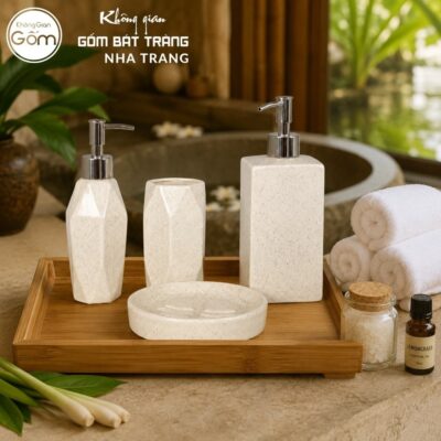 Bộ dụng cụ nhà tắm gốm sứ Bát Tràng 4 sản phẩm màu kem men cát lấm tấm NT-BNT01 - Chi tiết 2