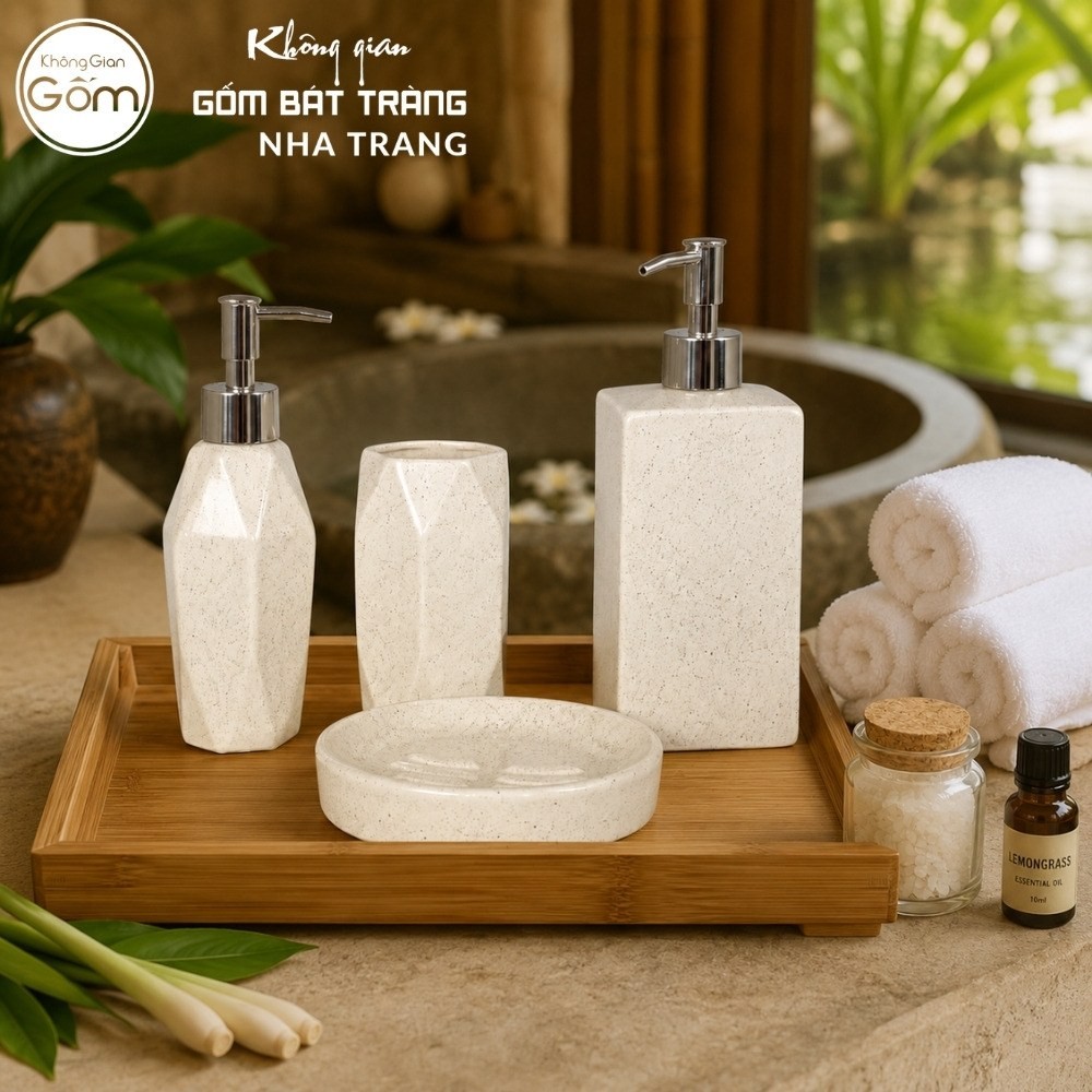 Bộ dụng cụ nhà tắm gốm sứ Bát Tràng 4 sản phẩm màu kem men cát lấm tấm NT-BNT01 - Chi tiết 2