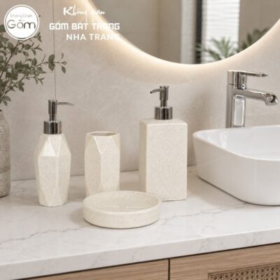 Bộ dụng cụ nhà tắm gốm sứ Bát Tràng 4 sản phẩm màu kem men cát lấm tấm NT-BNT01 - Chi tiết 3