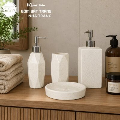Bộ dụng cụ nhà tắm gốm sứ Bát Tràng 4 sản phẩm màu kem men cát lấm tấm NT-BNT01 - Chi tiết 5