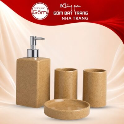 Bộ dụng cụ nhà tắm gốm sứ Bát Tràng 4 sản phẩm màu nâu men cát lấm tấm NT-BNT04 - Ảnh đại diện