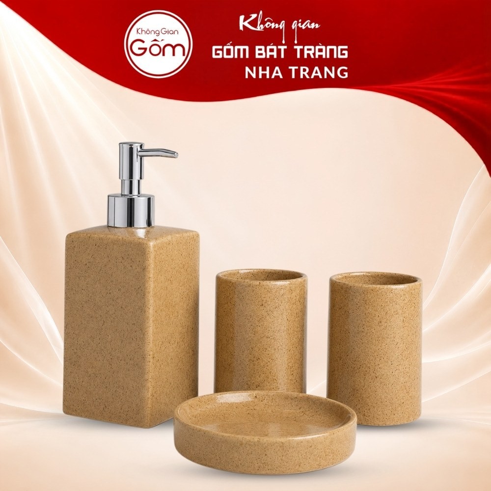 Bộ dụng cụ nhà tắm gốm sứ Bát Tràng 4 sản phẩm màu nâu men cát lấm tấm NT-BNT04