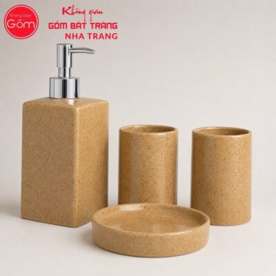Bộ dụng cụ nhà tắm gốm sứ Bát Tràng 4 sản phẩm màu nâu men cát lấm tấm NT-BNT04 - Chi tiết 1
