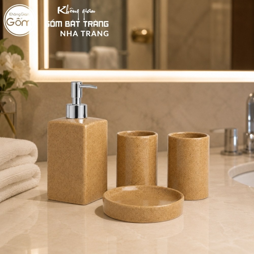 Bộ dụng cụ nhà tắm gốm sứ Bát Tràng 4 sản phẩm màu nâu men cát lấm tấm NT-BNT04 - Chi tiết 2