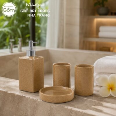 Bộ dụng cụ nhà tắm gốm sứ Bát Tràng 4 sản phẩm màu nâu men cát lấm tấm NT-BNT04 - Chi tiết 3