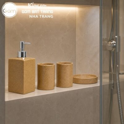 Bộ dụng cụ nhà tắm gốm sứ Bát Tràng 4 sản phẩm màu nâu men cát lấm tấm NT-BNT04 - Chi tiết 4