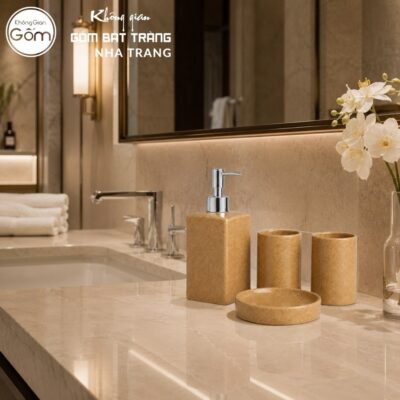 Bộ dụng cụ nhà tắm gốm sứ Bát Tràng 4 sản phẩm màu nâu men cát lấm tấm NT-BNT04 - Chi tiết 5