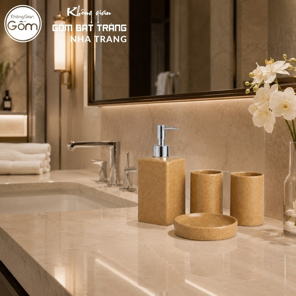 Bộ dụng cụ nhà tắm gốm sứ Bát Tràng 4 sản phẩm màu nâu men cát lấm tấm NT-BNT04 - Chi tiết 5