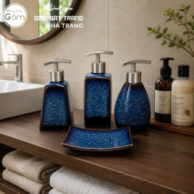 Bộ dụng cụ nhà tắm gốm sứ Bát Tràng 4 sản phẩm màu xanh dương men hoả biến NT-BNT02 - Chi tiết 3