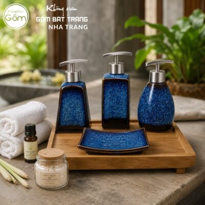 Bộ dụng cụ nhà tắm gốm sứ Bát Tràng 4 sản phẩm màu xanh dương men hoả biến NT-BNT02 - Chi tiết 4