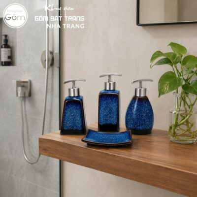 Bộ dụng cụ nhà tắm gốm sứ Bát Tràng 4 sản phẩm màu xanh dương men hoả biến NT-BNT02 - Chi tiết 5
