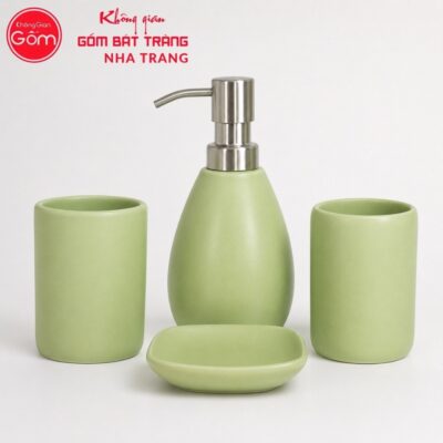 Bộ dụng cụ nhà tắm gốm sứ Bát Tràng 4 sản phẩm màu xanh lá men màu mát NT-BNT05 - Chi tiết 1