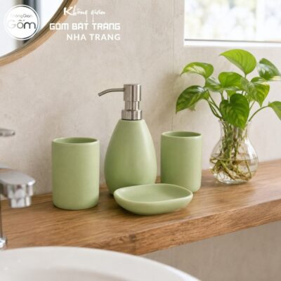 Bộ dụng cụ nhà tắm gốm sứ Bát Tràng 4 sản phẩm màu xanh lá men màu mát NT-BNT05 - Chi tiết 3