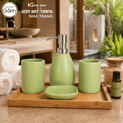 Bộ dụng cụ nhà tắm gốm sứ Bát Tràng 4 sản phẩm màu xanh lá men màu mát NT-BNT05 - Chi tiết 4