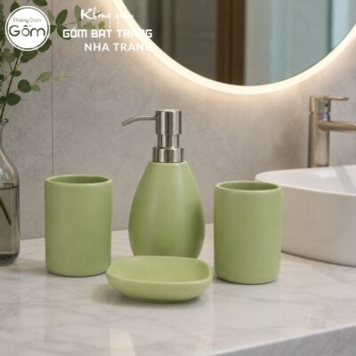Bộ dụng cụ nhà tắm gốm sứ Bát Tràng 4 sản phẩm màu xanh lá men màu mát NT-BNT05 - Chi tiết 5