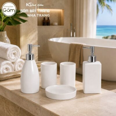 Bộ dụng cụ nhà tắm gốm sứ Bát Tràng 4 sản phẩm men sứ trắng NT-BNT03 - Chi tiết 3