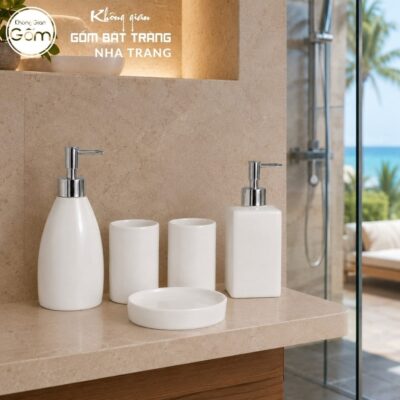 Bộ dụng cụ nhà tắm gốm sứ Bát Tràng 4 sản phẩm men sứ trắng NT-BNT03 - Chi tiết 5