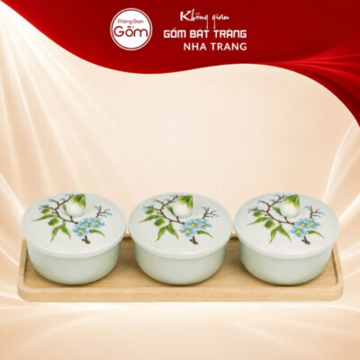 Bộ khay mứt Tết men ngọc vẽ hoa đào xanh kèm khay gỗ NT-KM06