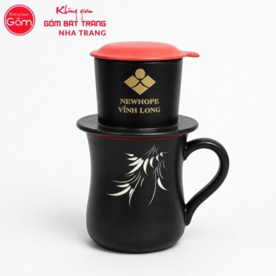 Bộ phin pha cafe quà tặng gốm sứ in logo màu đen nắp nhiều màu NT-BPCF08 - Chi tiết 1