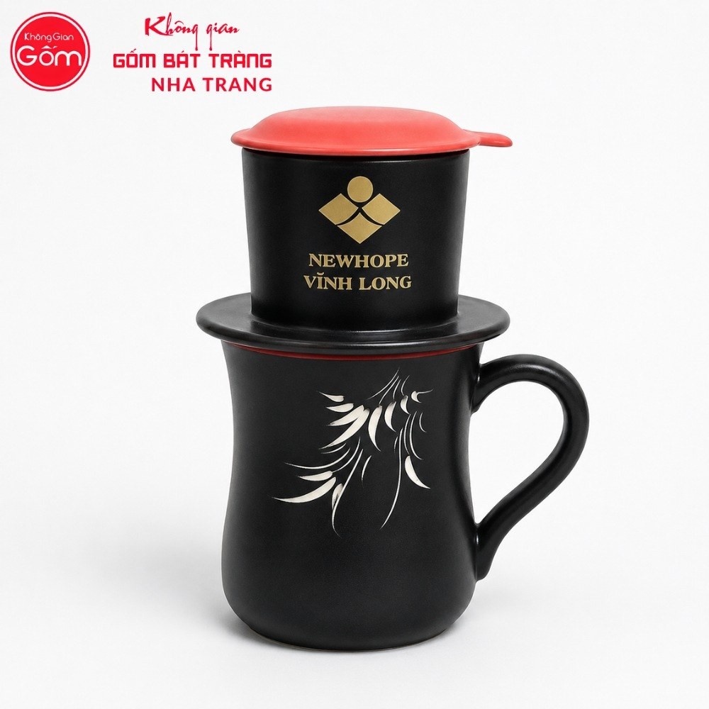 Bộ phin pha cafe quà tặng gốm sứ in logo màu đen nắp nhiều màu NT-BPCF08 - Chi tiết 1