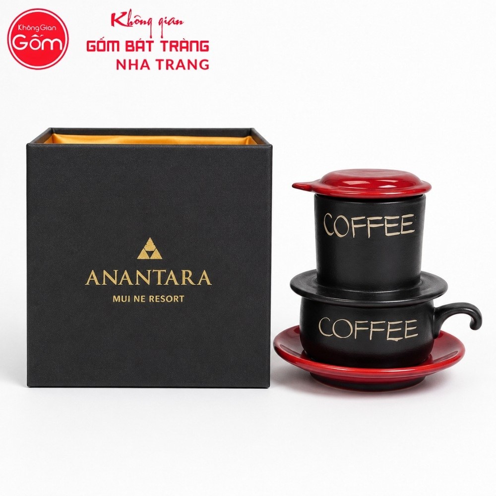 Bộ phin pha cafe quà tặng gốm sứ in logo màu đen nắp đỏ NT-BPCF06 - Chi tiết 2