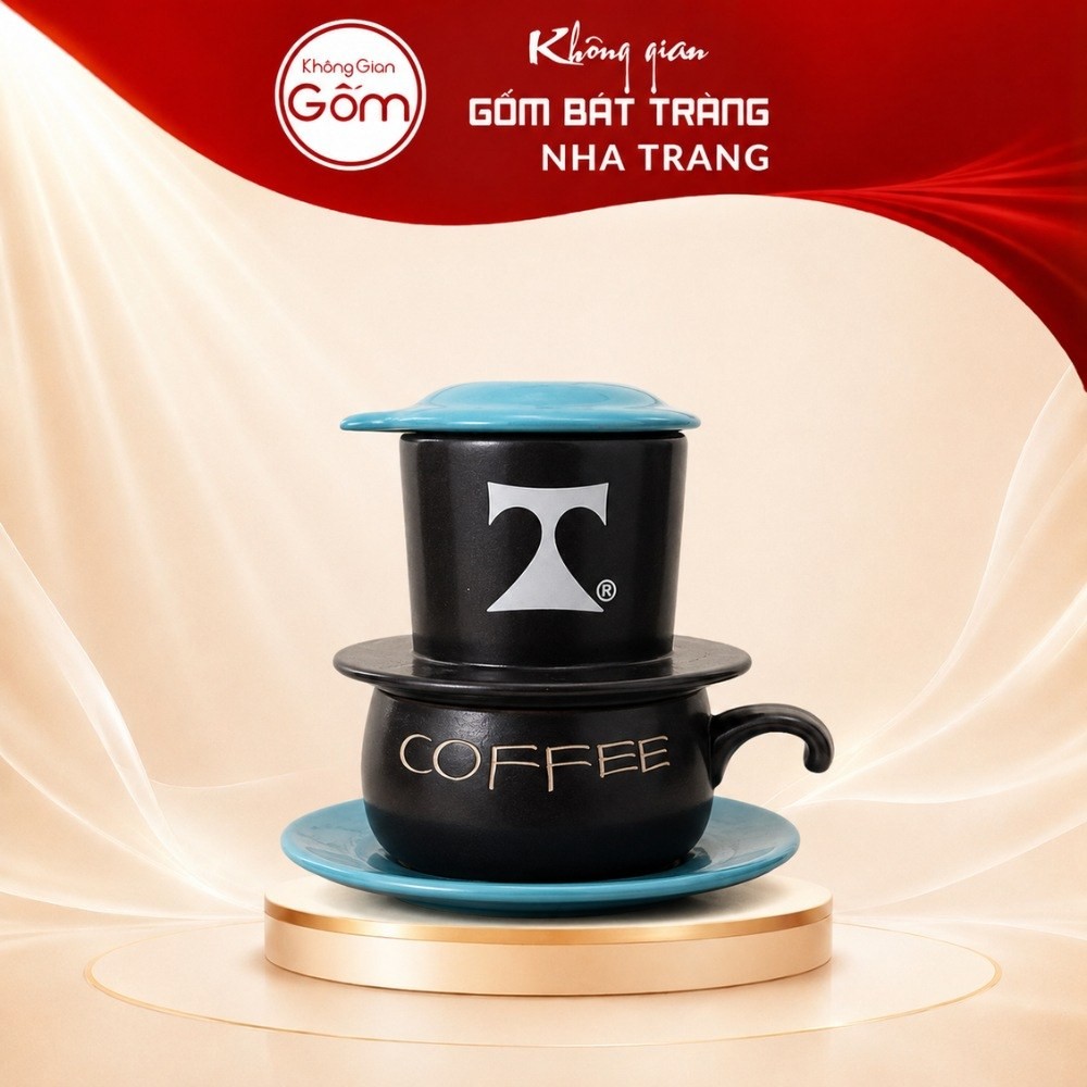 Bộ phin pha cafe quà tặng gốm sứ in logo màu đen nắp xanh dương NT-BPCF07